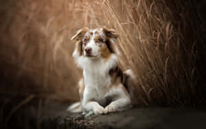 一隻毛茸茸的棕白色狗坐在高高的金色草叢中。 — 德國狼犬 壁紙