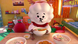 毛茸茸的卡通馴鹿在充滿禮物和玩具的兒童房裡吃拉麵。 — RJ BT21 壁紙