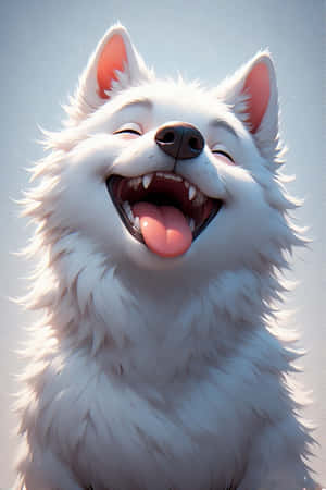 一隻白色毛茸茸的小狗，有粉紅色的耳朵和伸出的舌頭，在陽光下快樂地吠叫。 — 狗狗藝術 壁紙
