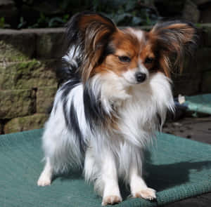 毛茸茸的蝴蝶犬坐在石牆附近戶外的綠色地墊上。 — 可愛小狗 壁紙