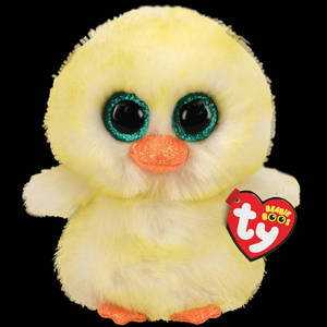 毛茸茸的黃色小雞毛絨玩具，閃閃發光的眼睛和橙色喙。 — Beanie Boos 壁紙