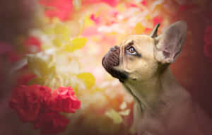 法國鬥牛犬抬頭看著色彩繽紛的模糊花朵 — 狗狗藝術 壁紙