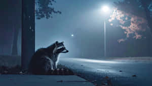 一隻浣熊在夜間坐在街燈下的人行道上，背景有霧和櫻花。 — 7680x4320 壁紙