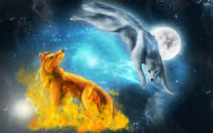 火焰中的狐狸面對著一隻跳躍的狼，背景是星空夜空和滿月。 — 月光 壁紙