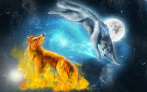 一隻火狐狸和一隻銀狼在滿月下的星空宇宙場景中。 — 野生動物 壁紙