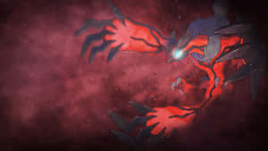 一隻在宇宙星雲中發光眼睛的紅黑色龍形寶可夢。 — 插畫 壁紙