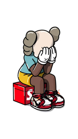 卡通熊坐在紅色盒子上雙手遮臉穿著運動鞋 — Kaws 壁紙