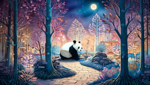 一隻熊貓坐在發光森林的石徑上，在滿月下，遠處有城市燈光。 — 月光 壁紙