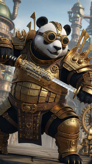 熊貓戰士穿著金色蒸氣龐克盔甲，在機械城市中持劍 — 可愛熊貓 壁紙
