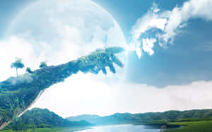 一隻由泥土和樹木組成的巨大手掌，從行星伸向山谷湖泊上方的太陽。 — 抽象 壁紙