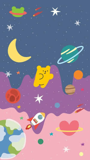 一隻黃色卡通熊漂浮在太空中的行星、星星和火箭船之間。 — 可愛熊 壁紙