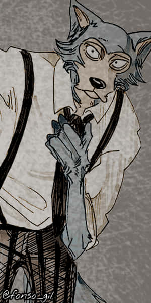 一隻穿著襯衫和吊帶的疲憊擬人化狼向前傾。 — 18:9 壁紙