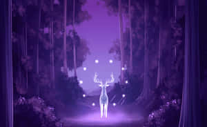 夜晚魔法般的紫色森林中，發光的鹿與漂浮的球體。 — 魔法森林 壁紙