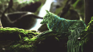 一隻發光的綠色狼在黑暗森林的瀑布旁，休息在長滿苔蘚的石頭上。 — 狼 壁紙