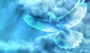 一隻發光的藍色鴿子在寧靜的天空中穿過雲層飛翔。 — 鳥類飛翔 壁紙