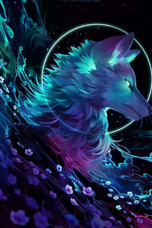 發光毛皮的霓虹狼，被花朵和宇宙環包圍在太空中。 — 狼 壁紙