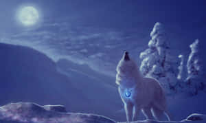 白狼在滿月下嚎叫，雪山景色 — 月亮與星星 壁紙