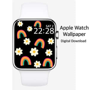 帶有彩虹和雛菊桌布的Apple Watch顯示時間22:28。 — 手錶 GIF 壁紙