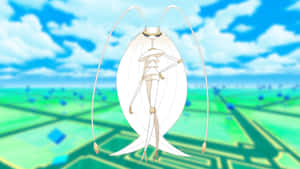 動漫昆蟲生物漂浮在藍天下的綠色網格景觀之上。 — 電玩遊戲 GIF 壁紙