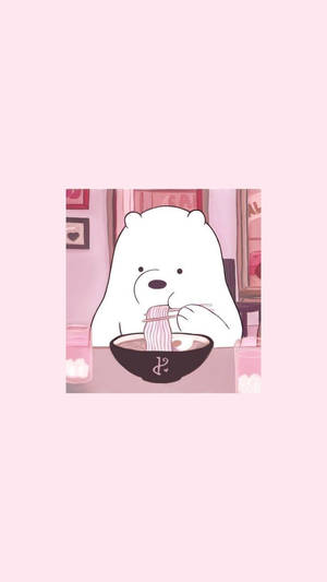 白色卡通熊在有蠟燭的粉紅色房間裡吃麵條。 — 熊熊遇見你 GIF 壁紙
