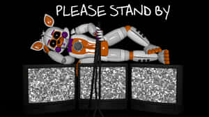 一隻電子動畫狐狸在三部出現故障的電視機上休息，並帶有「PLEASE STAND BY」文字。 — 喜悅 壁紙