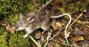 一隻白色尾巴的小棕色老鼠在苔蘚森林地面上。 — 野生動物 壁紙