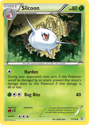 Silcoon Pokémon卡，顯示在綠色森林環境中一個有紅色眼睛的白色繭。 — 動漫 壁紙