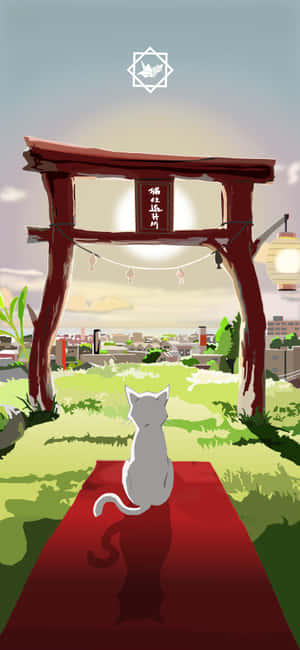 白貓坐在紅色地毯上，位於鳥居下方，面向黃昏時分的城市。 — 1320x2868 壁紙