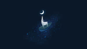 新月下，一艘小船在星空中漂流，船上有一隻白鹿。 — 午夜 壁紙