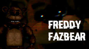Freddy Fazbear 電子熊在黑暗環境中，有發光的眼睛和粗體文字。 — 惡夢佛萊迪 壁紙