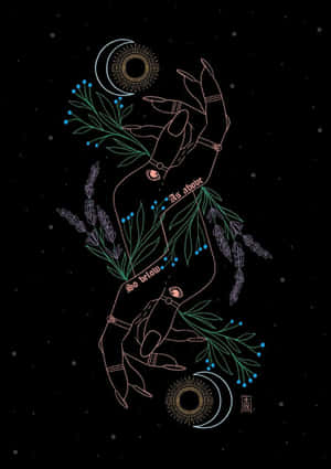 插圖手在深色背景下握著草藥，帶有月亮和星星符號。 — 女巫 壁紙