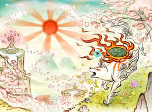 神話中的狐狸，擁有火焰般的鬃毛，在發光的太陽下跳過櫻花。 — 日式審美桌面 壁紙