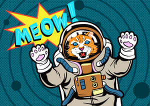 一隻卡通貓太空人揮舞著帶有meow對話框。 — 普普藝術動圖 壁紙