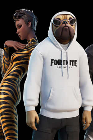 一隻穿著Fortnite連帽衫和太陽眼鏡的哈巴狗，旁邊是一個穿著虎紋服裝的人。 — 酷炫的《要塞英雄》 壁紙