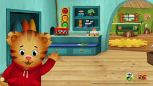 穿著紅色連帽衫的卡通老虎在兒童遊戲室裡揮手，周圍有玩具。 — Pbs Kids 壁紙