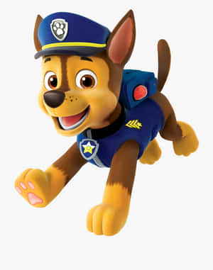 一隻微笑的卡通警犬穿著藍色制服向前跳躍。