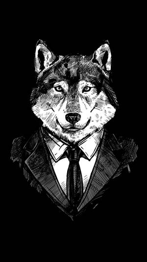 穿著西裝和領帶的狼的黑白插圖。 — 刺青 壁紙
