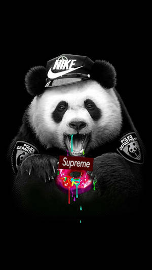 穿著警察制服的熊貓咬著一個色彩繽紛、滴著糖霜的Supreme甜甜圈。 — 可愛熊貓 壁紙