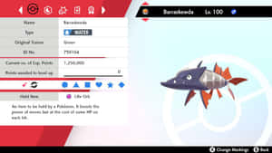 Barraskewda 等級100 水系 寶可夢 持有 生命寶珠 遊戲狀態畫面 — 電玩遊戲 GIF 壁紙