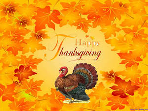 火雞被秋葉環繞，並帶有 Happy Thanksgiving 文字。 — 秋季 壁紙