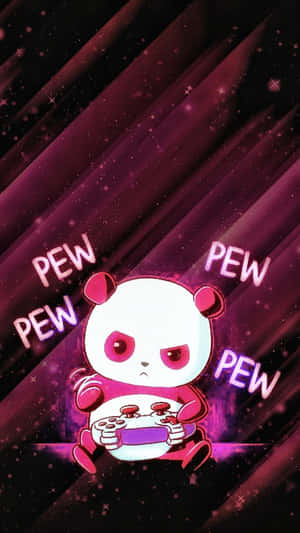 可愛憤怒熊貓在宇宙紫色背景上玩遊戲，帶有 'PEW PEW' 文字。 — 可愛熊貓 壁紙