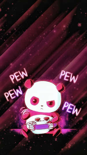 憤怒的卡通熊貓在宇宙紫色背景中玩遊戲，帶有 'PEW PEW' 文字 — 可愛熊貓 壁紙