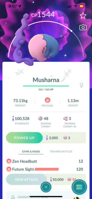 在紫色宇宙背景的寶可夢圖鑑畫面上睡著的 Musharna 寶可夢。 — 電玩遊戲 GIF 壁紙