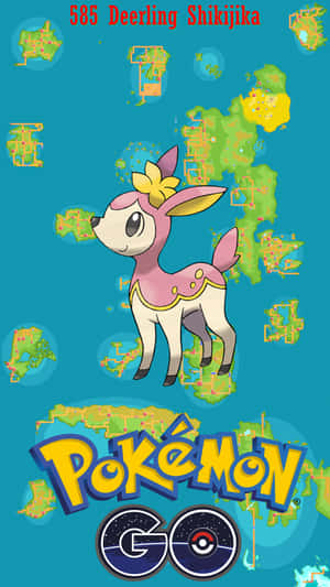 四季鹿寶可夢與地圖碎片和Pokémon GO標誌在青綠色背景上 — 鹿 GIF 壁紙