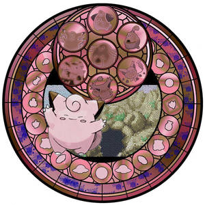 粉紅色胖丁在帶有寶可夢圖標的彩繪玻璃窗前。 — 可愛粉色動圖 壁紙
