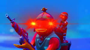 紅色卡通鴨子，眼睛發光，手持未來風格武器。 — 魚棒 Fortnite 壁紙