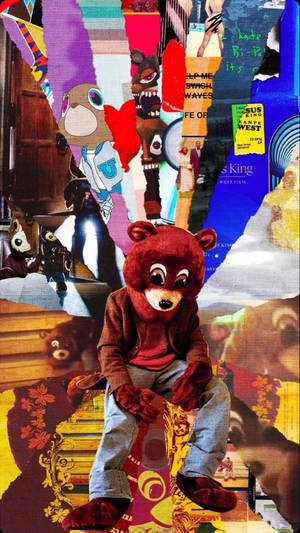 在電影海報和流行文化圖像的拼貼畫中的紅色熊吉祥物。 — 深色主題 壁紙