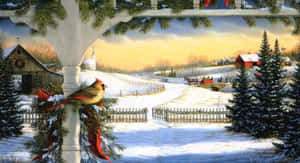 白雪覆蓋的門廊欄杆上的一隻紅雀，背景是冬季農場場景。 — 抽象聖誕 壁紙