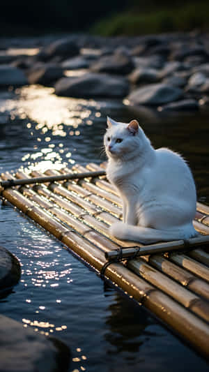 一隻白貓坐在陽光河流中的竹筏上，有岩石和水面倒影。 — 1440x2560 壁紙