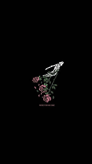 骨骼手拿著粉紅玫瑰，黑色背景上寫著 rose for no one — 迷幻黑暗 壁紙